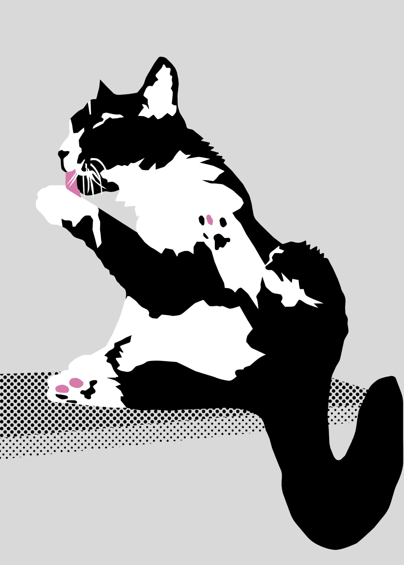 Mustavalkoinen kissa istuu ja nuolee etutassuaan rauhallisesti. Sen pelkistetty muoto korostaa liikkeen pehmeyttä. Vaaleanpunaiset yksityiskohdat tuovat kuvaan lempeää kontrastia. Tunnelma on intiimi ja arkinen. Tietokoneella toteutettu digitaalinen piirustus, jossa kissa on esitetty pelkistettynä, graafisena ja tyyliteltynä hahmona. 