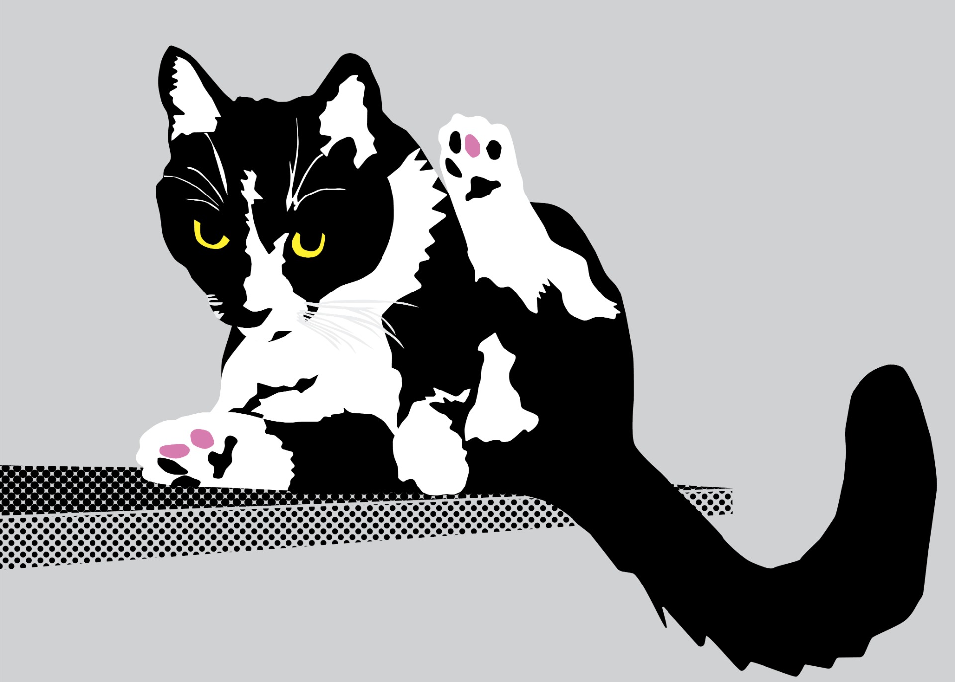 Mustavalkoinen, graafinen piirros kissasta, joka on yllätetty kesken vatsan pesun ja katsoo suoraan eteenpäin. Sen silmät ovat kirkkaan keltaiset, ja tassun anturat korostettu vaaleanpunaisella. Kissa istuu pistekuvioidulla pinnalla vaaleaa taustaa vasten. Tietokoneella toteutettu digitaalinen piirustus, jossa kissa on esitetty pelkistettynä, graafisena ja tyyliteltynä hahmona.