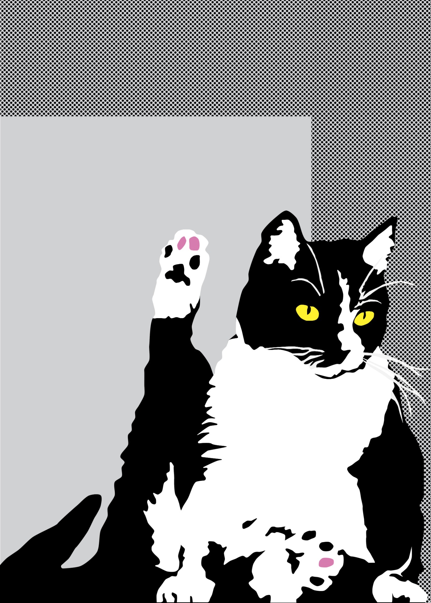 Mustavalkoinen kissa istuu ja nostaa toisen takajalkansa ylös. Sen silmät ovat kirkkaan keltaiset, ja tassun anturat on korostettu vaaleanpunaisella. Tausta on pelkistetty ja osittain pistekuvioitu. Tietokoneella toteutettu digitaalinen piirustus, jossa kissa on esitetty pelkistettynä, graafisena ja tyyliteltynä hahmona. 