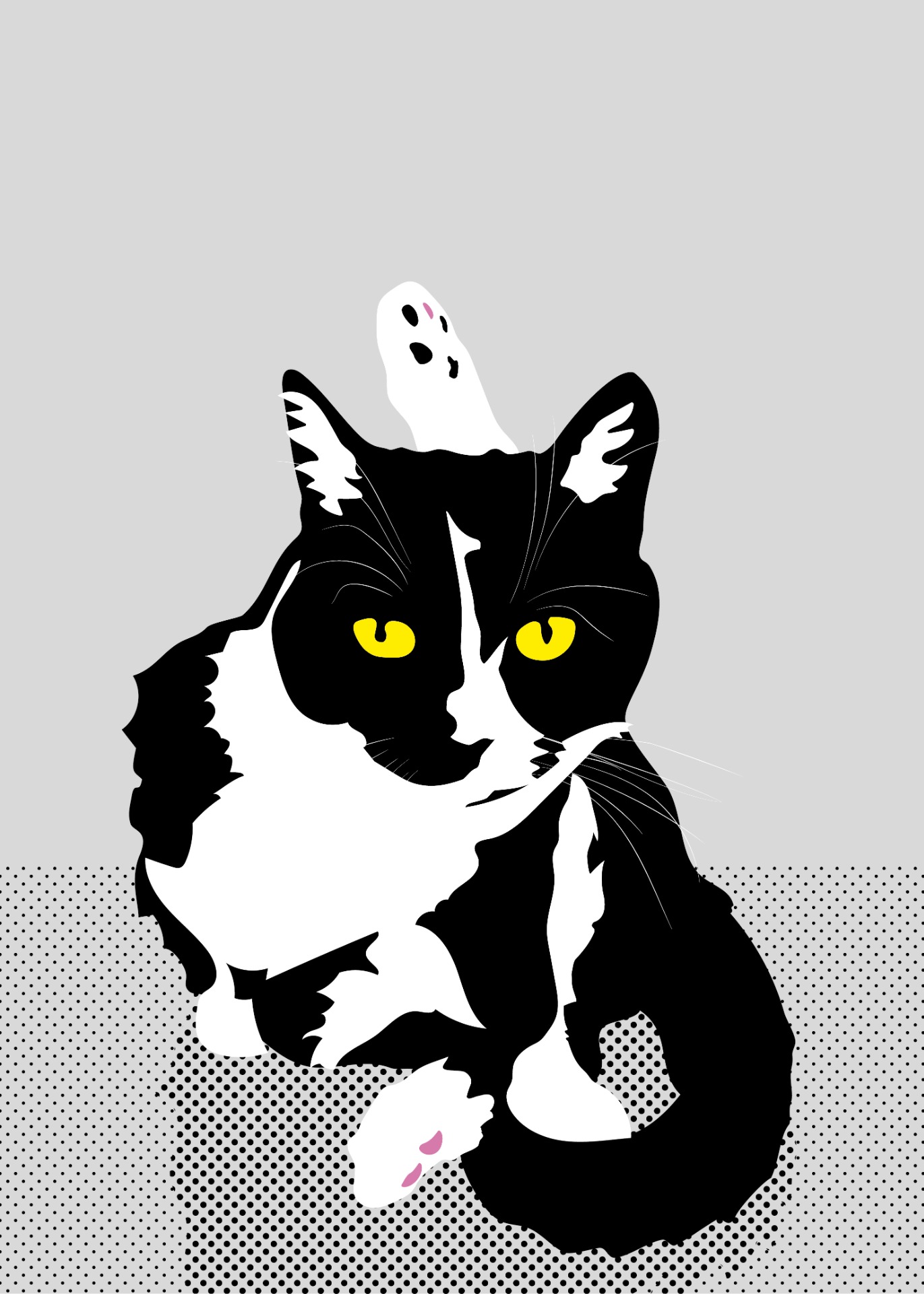 Mustavalkoinen kissa katsoo suoraan eteenpäin kirkkaan keltaisilla silmillä. Sen toinen takajalka on nostettu ylös, ja tassun anturat on korostettu vaaleanpunaisella. Tausta on pelkistetty ja osittain pistekuvioitu. Tietokoneella toteutettu digitaalinen piirustus, jossa kissa on esitetty pelkistettynä, graafisena ja tyyliteltynä hahmona. 
