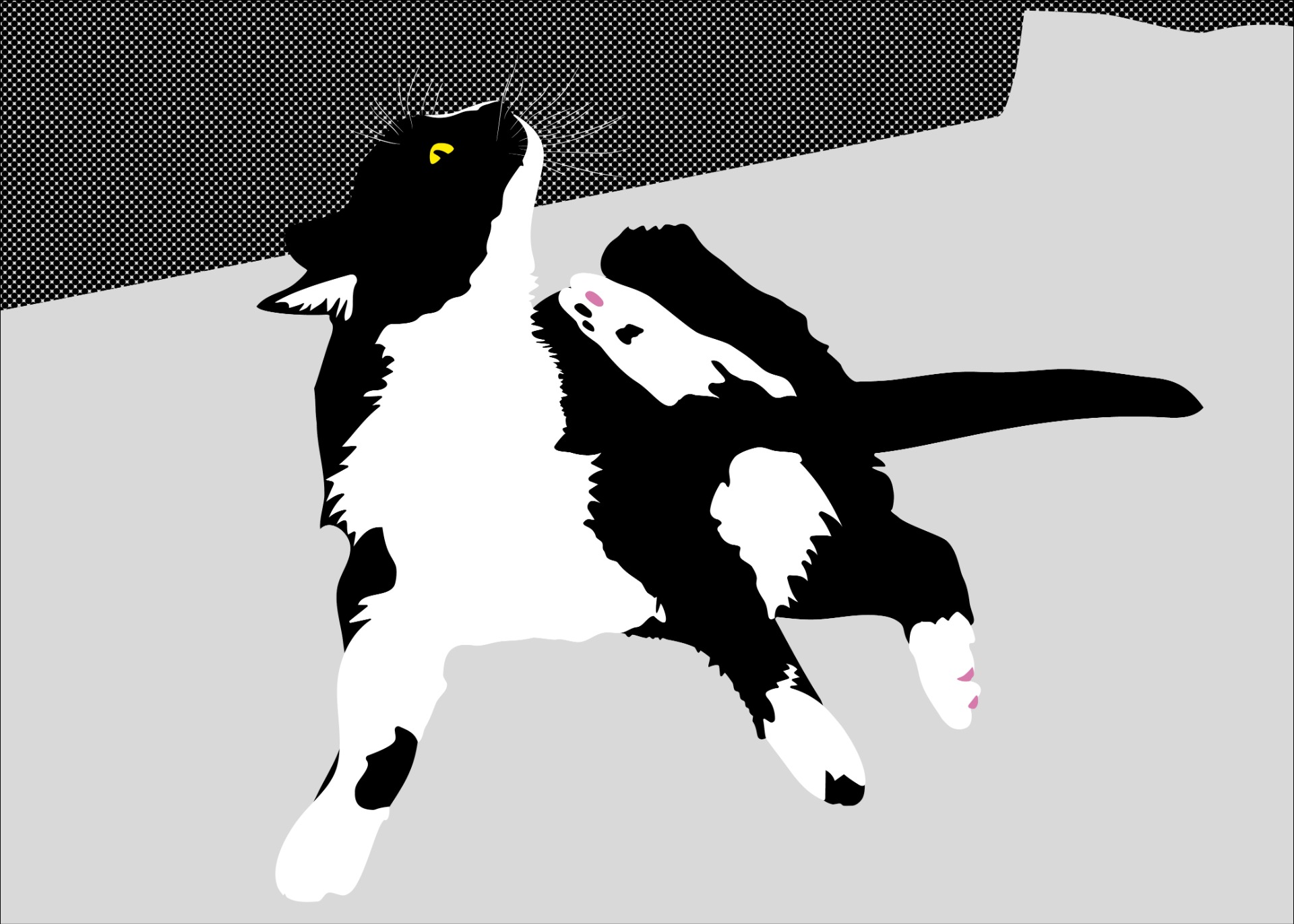 Mustavalkoinen kissa on sivuttain, toinen takajalka kohotettuna. Sen silmä on kirkkaan keltainen, ja tassun anturat on korostettu vaaleanpunaisella. Tausta on pelkistetty ja osittain pistekuvioitu. Tietokoneella toteutettu digitaalinen piirustus, jossa kissa on esitetty pelkistettynä, graafisena ja tyyliteltynä hahmona.