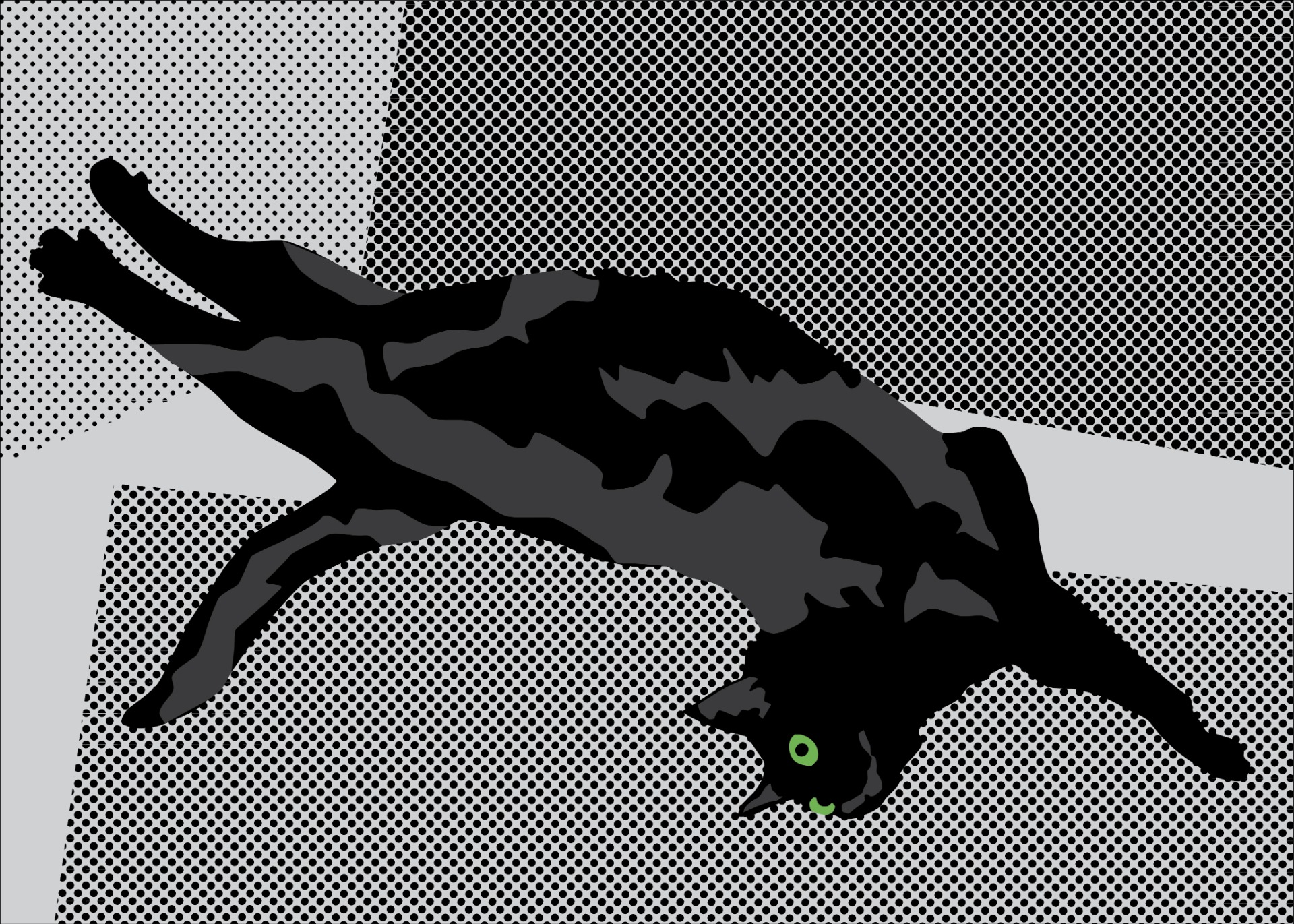 Tumma kissa makaa selällään koko vartalo venyneenä, jalat ojennettuina eri suuntiin. Sen silmät ovat kirkkaan vihreät, ja tausta on pistekuvioitu. Tietokoneella toteutettu digitaalinen piirustus, jossa kissa on esitetty pelkistettynä, graafisena ja tyyliteltynä hahmona.