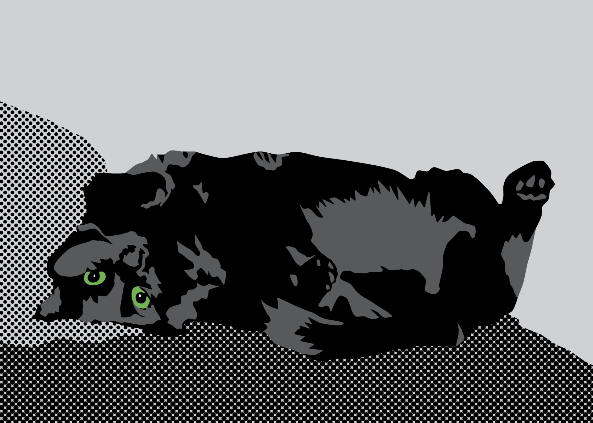 Tumma kissa makaa kyljellään, vartalo hieman käpertyneenä. Sen silmät ovat kirkkaan vihreät, ja tausta on osittain pistekuvioitu. Tietokoneella toteutettu digitaalinen piirustus, jossa kissa on esitetty pelkistettynä, graafisena ja tyyliteltynä hahmona. 