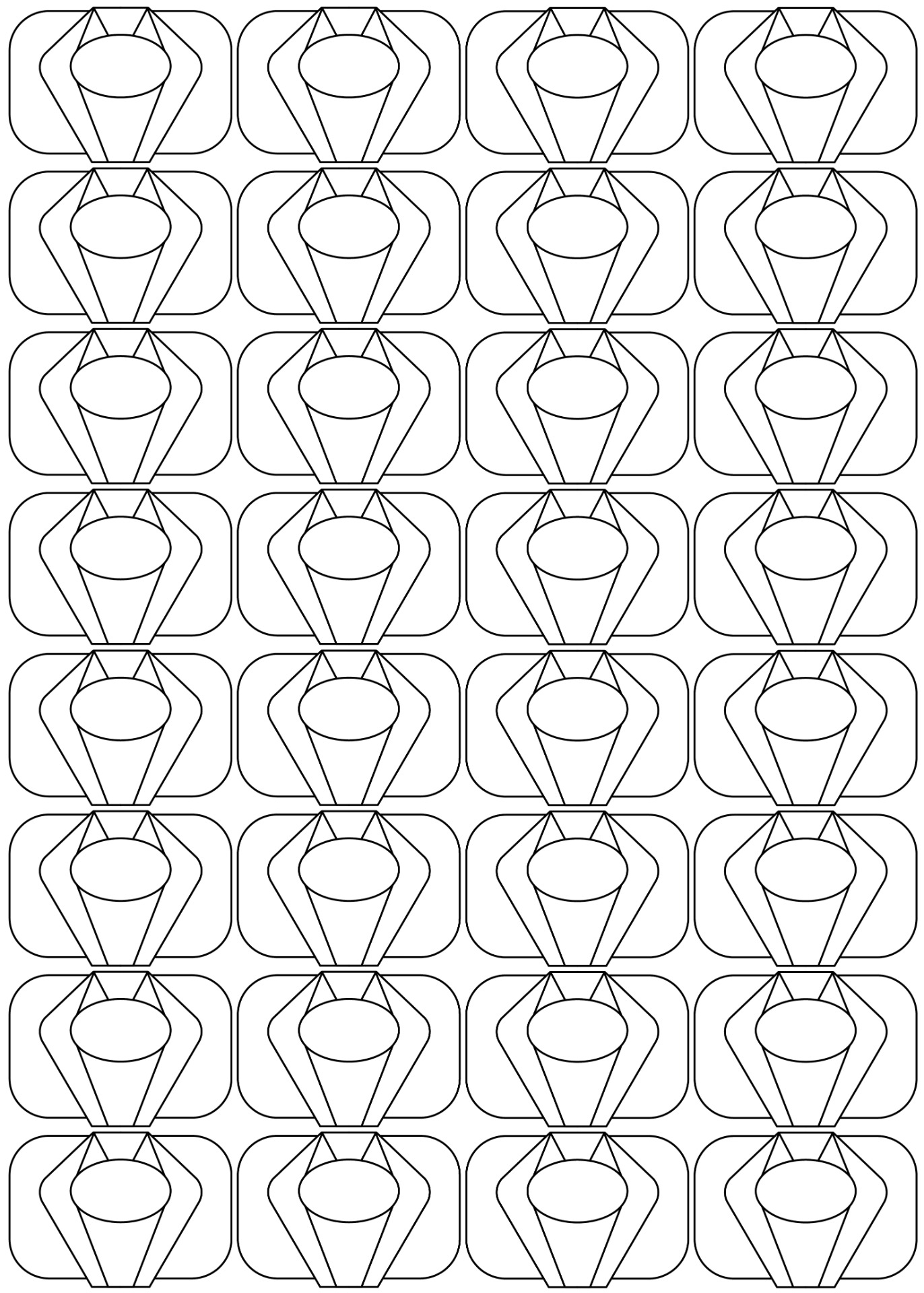 Toistuva geometrinen kuvio, jossa sama abstrakti muoto esiintyy ruudukossa useita kertoja. Tietokoneella toteutettu digitaalinen piirustus.
