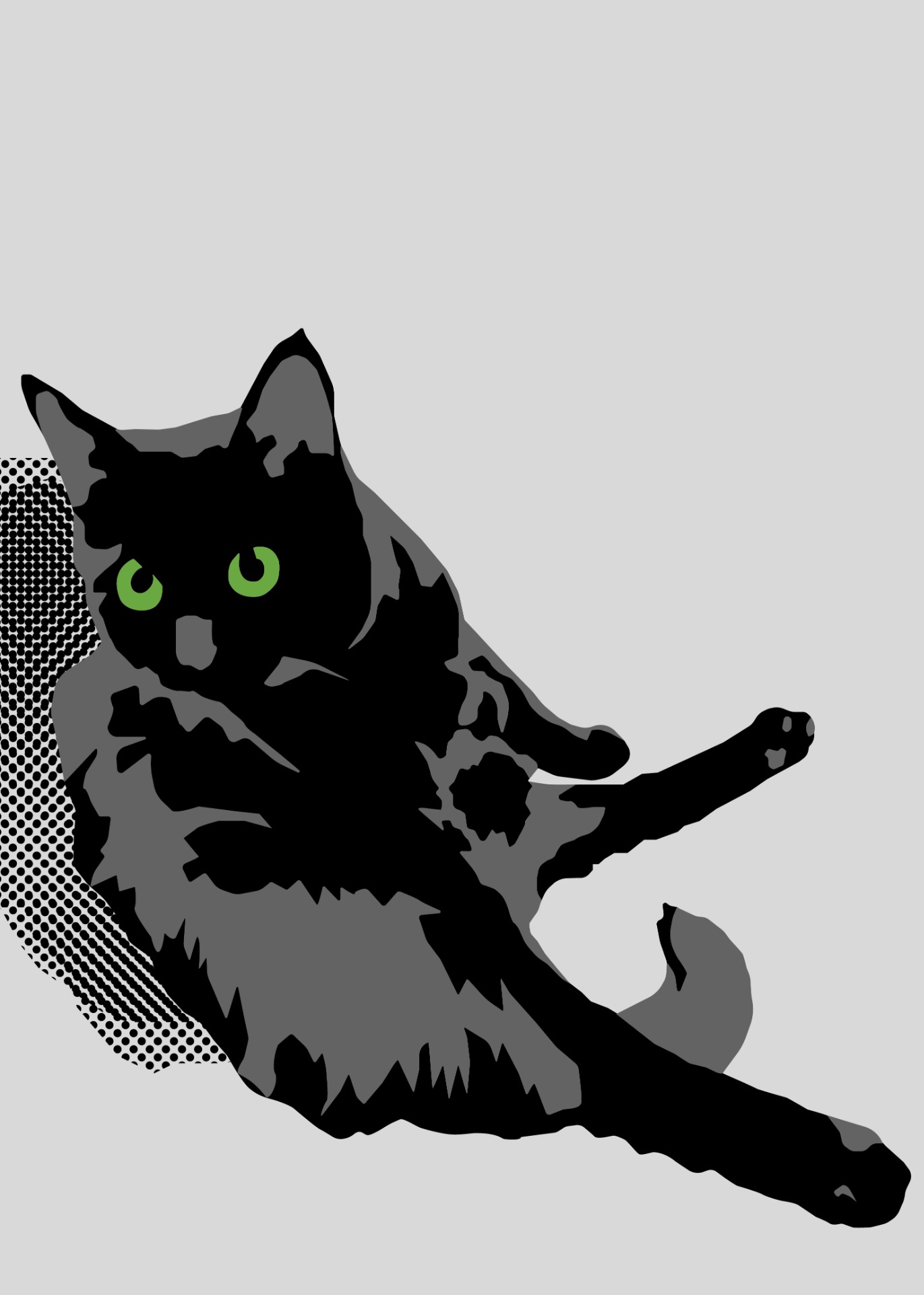 Tumma kissa nojaa taaksepäin puoliksi istuvassa asennossa, toinen takajalka ojennettuna. Sen silmät ovat kirkkaan vihreät, ja tausta on pelkistetty, osittain pistekuvioitu. Tietokoneella toteutettu digitaalinen piirustus, jossa kissa on esitetty pelkistettynä, graafisena ja tyyliteltynä hahmona.