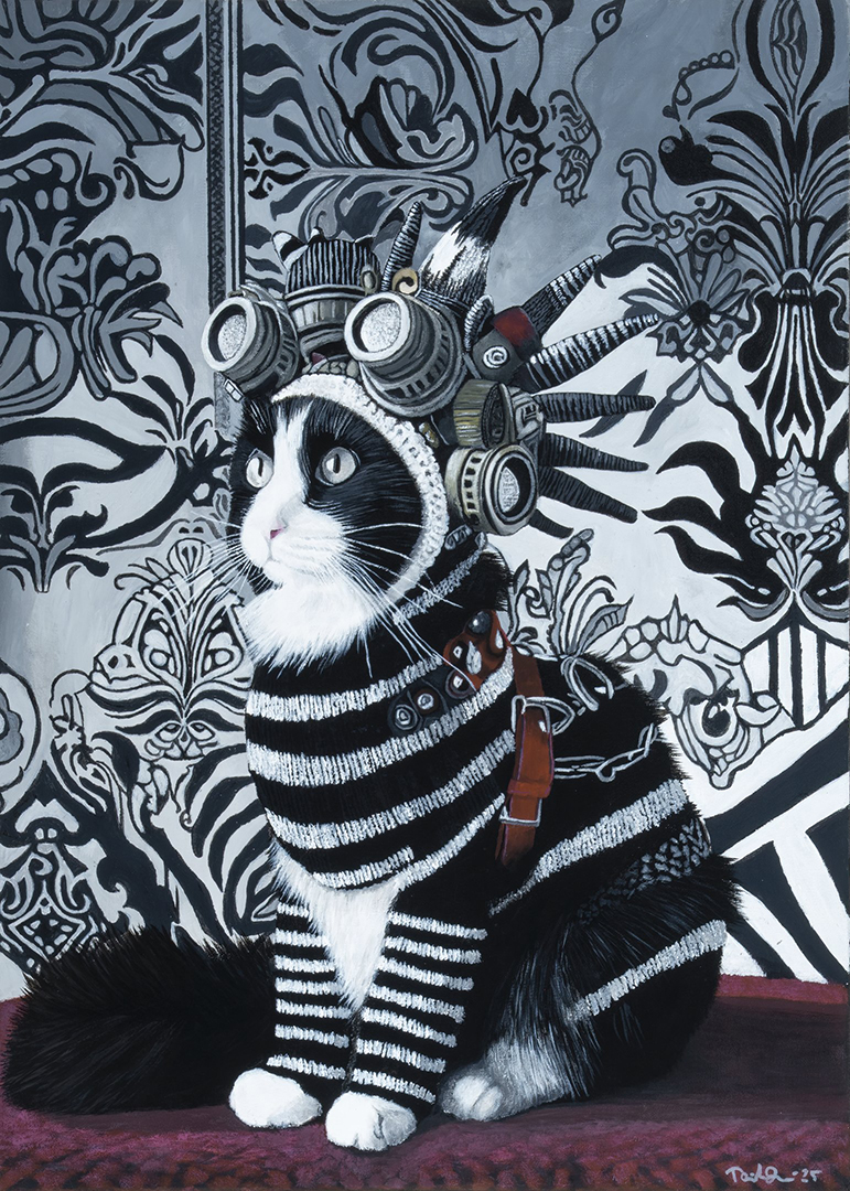 Mustavalkoinen kissa istuu sivuprofiilissa ja katsoo vasemmalle. Se käyttää raidallista neuletta ja monimutkaista, mekaanista päähinettä suojalaseineen. Taustalla on koristeellinen mustavalkoinen kuvio.