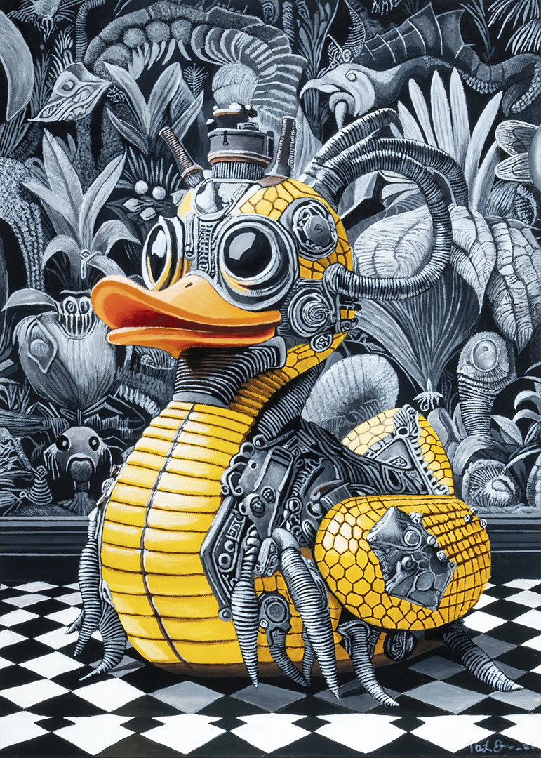 Kumiankka on osittain kirkkaan keltainen ja osittain mekaaninen. Sillä on suuret, pyöreät silmät ja pään päällä ja selässä metallisia osia sekä letkuja. Taustalla on mustavalkoinen, yksityiskohtainen kasvikuvio.