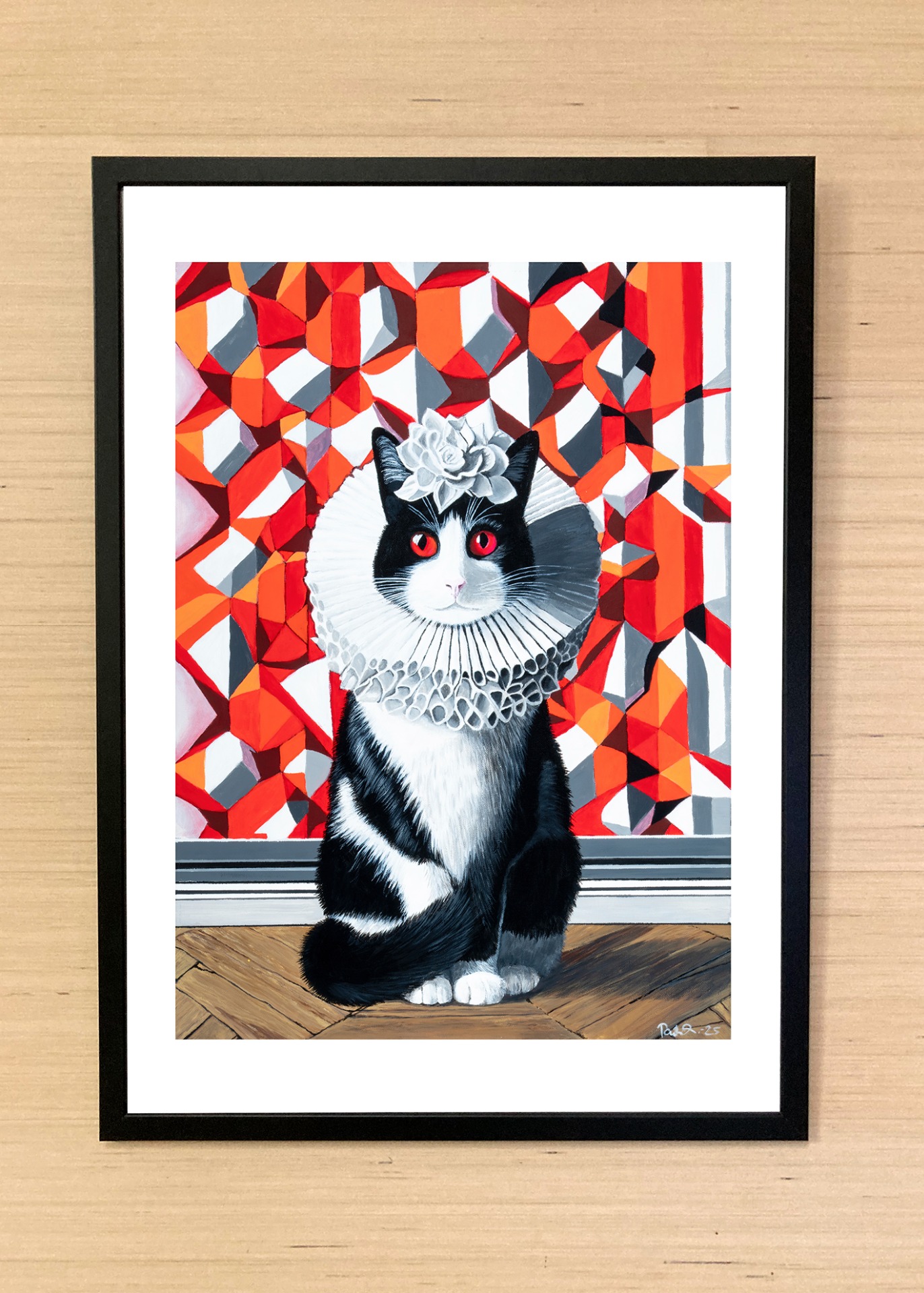 Imagiarium-juliste Liisa, jossa mustavalkoinen kissahahmo kohtaa voimakkaat punaiset sävyt ja teatraalisen sommittelun.