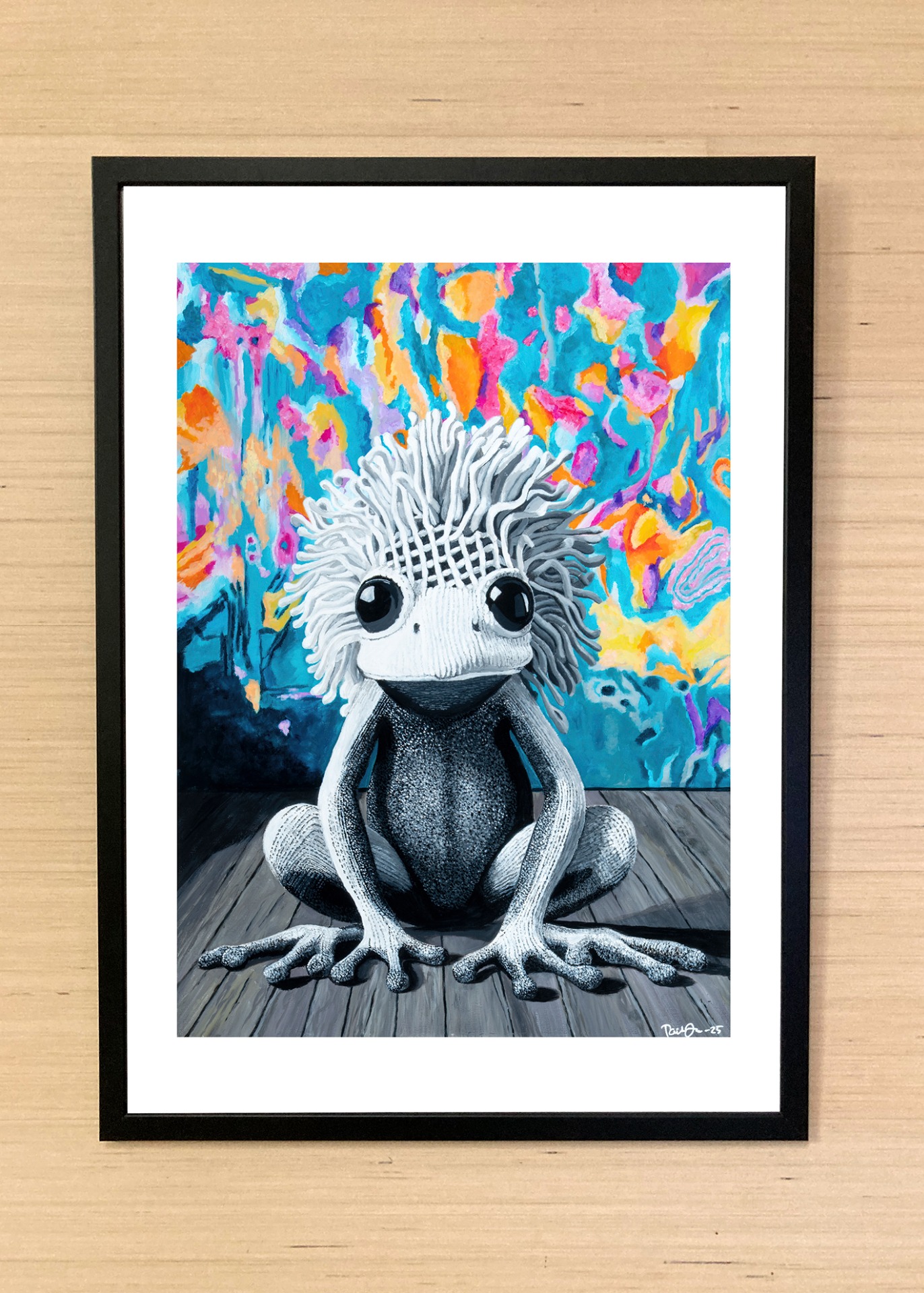 Imagiarium-juliste Pessi, jossa rauhallinen sammakkohahmo yhdistyy pehmeisiin muotoihin ja elävään väripintaan.