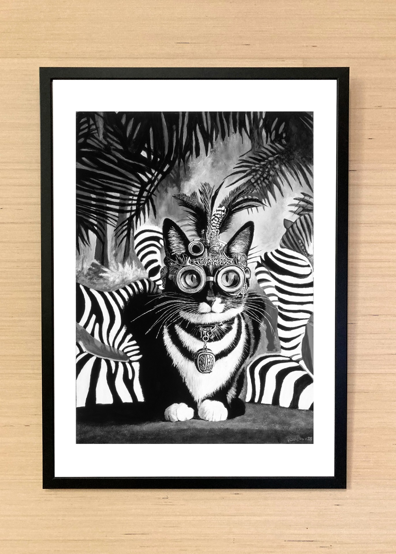 Imagiarium-juliste Silja, jossa kissahahmo yhdistyy trooppisiin elementteihin ja koristeellisiin yksityiskohtiin.