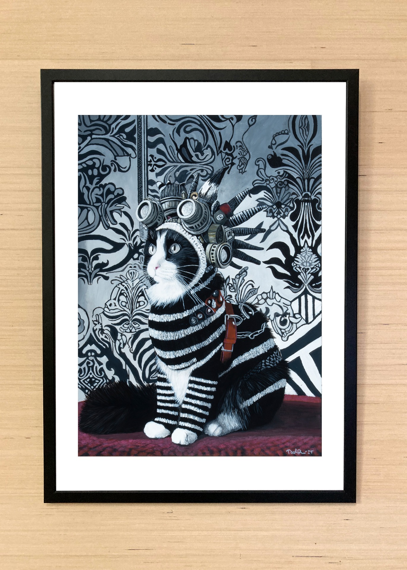 Imagiarium-juliste Veera, jossa mustavalkoinen kissahahmo yhdistyy pehmeisiin tekstiileihin ja monimutkaiseen mekaaniseen estetiikkaan.