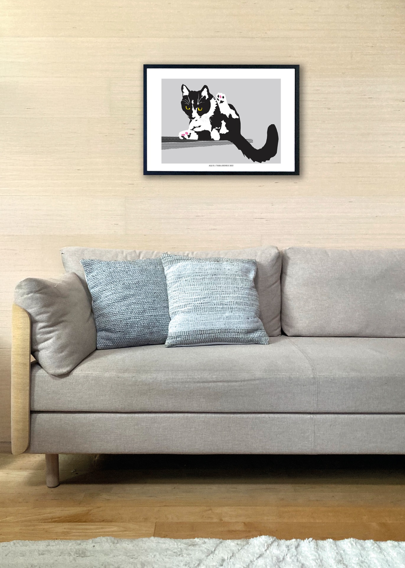 Kissan hetkiä-juliste Alli II 70x50cm seinällä. Juliste myydään ilman kehystä.
