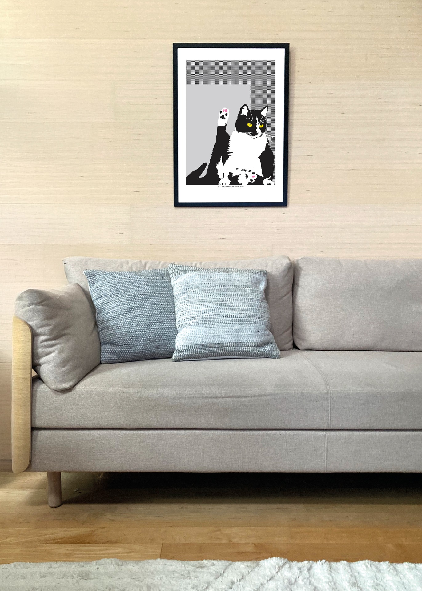 Kissan hetkiä-juliste Alli III 50x70cm seinällä. Juliste myydään ilman kehystä.