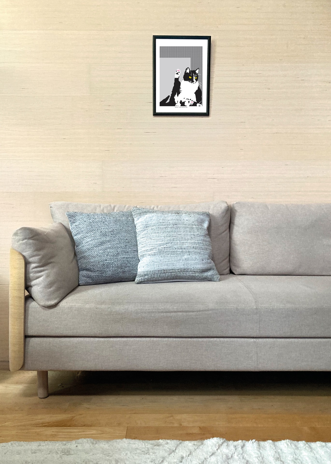 Kissan hetkiä-juliste Alli III 30x40cm seinällä. Juliste myydään ilman kehystä.