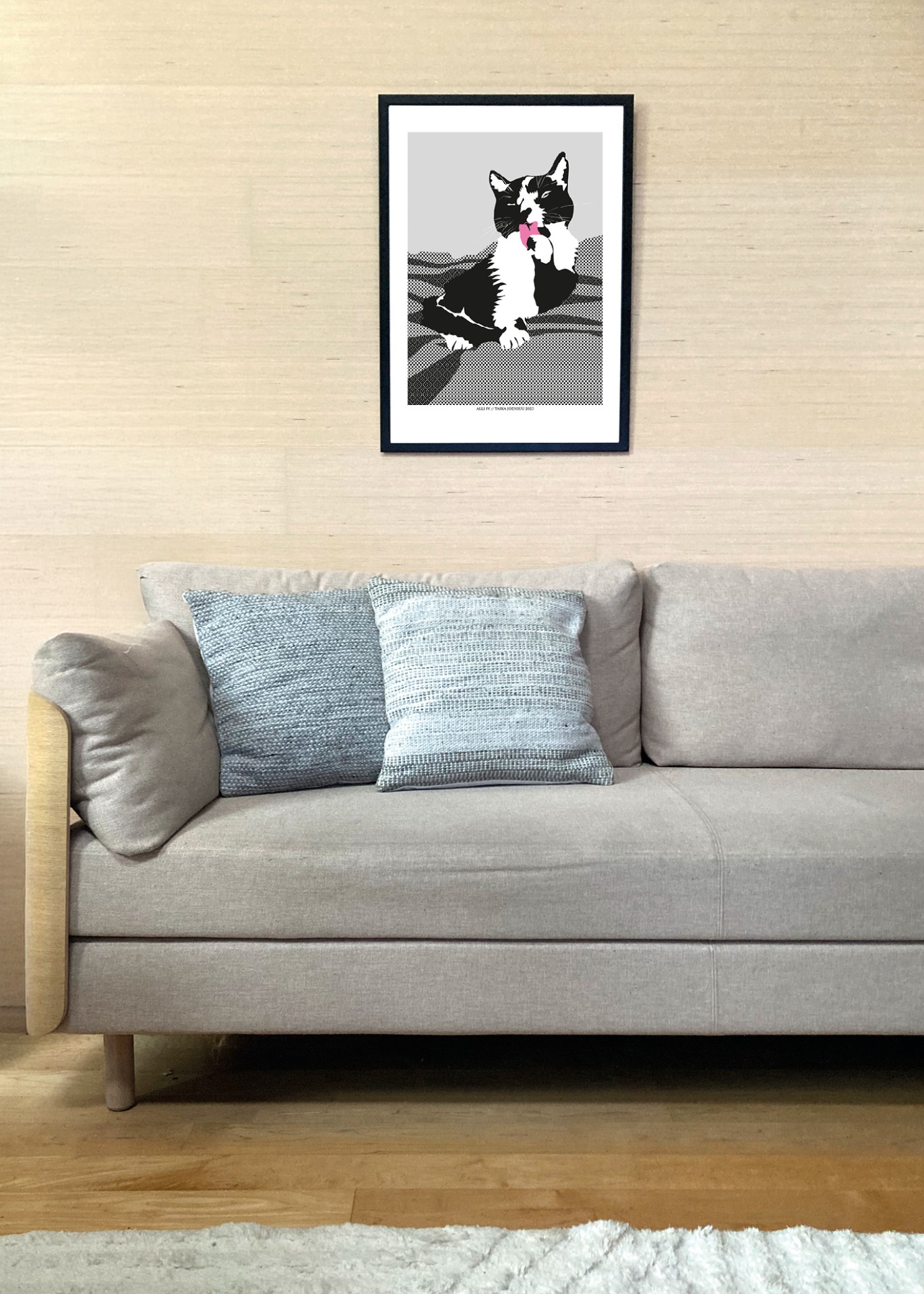 Kissan hetkiä-juliste Alli IV 50x70cm seinällä. Juliste myydään ilman kehystä.