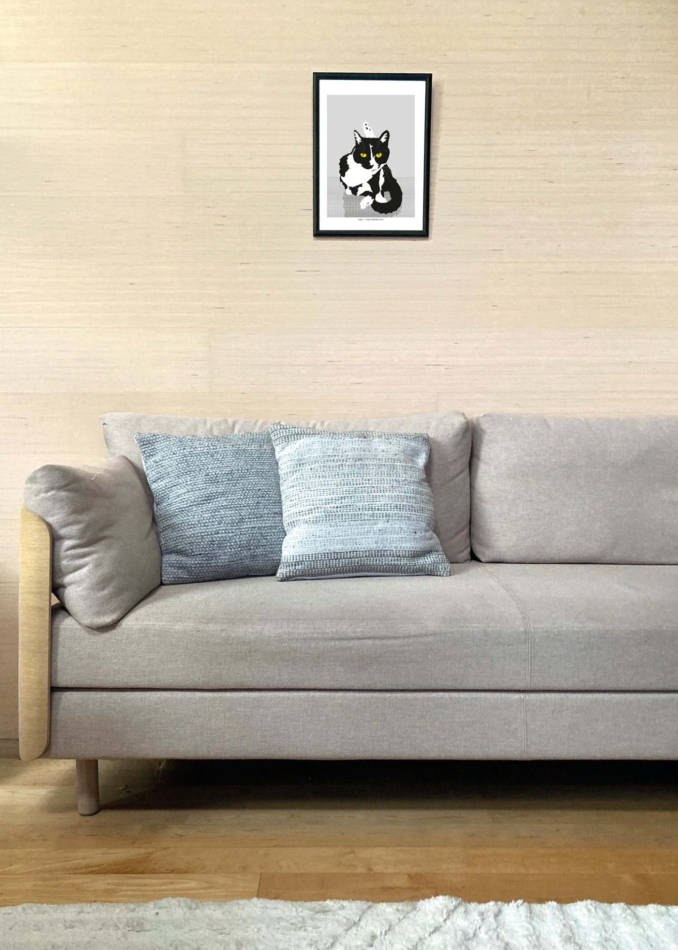 Kissan hetkiä-juliste Alli V 30x40cm seinällä. Juliste myydään ilman kehystä.