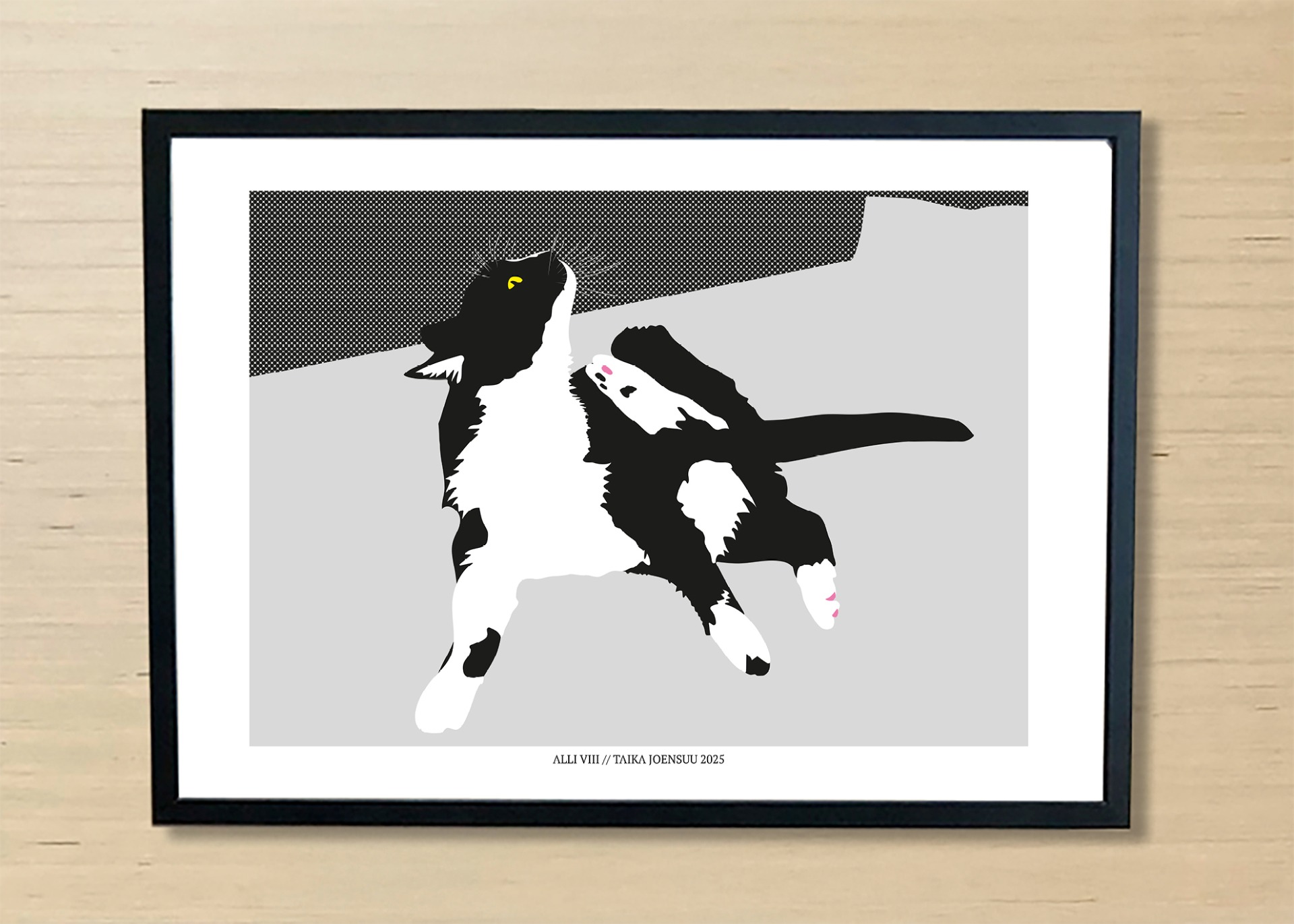 Kissan hetkiä-juliste, jossa mustavalkoinen kissa on rapsuttamassa takajalalla korvaansa.