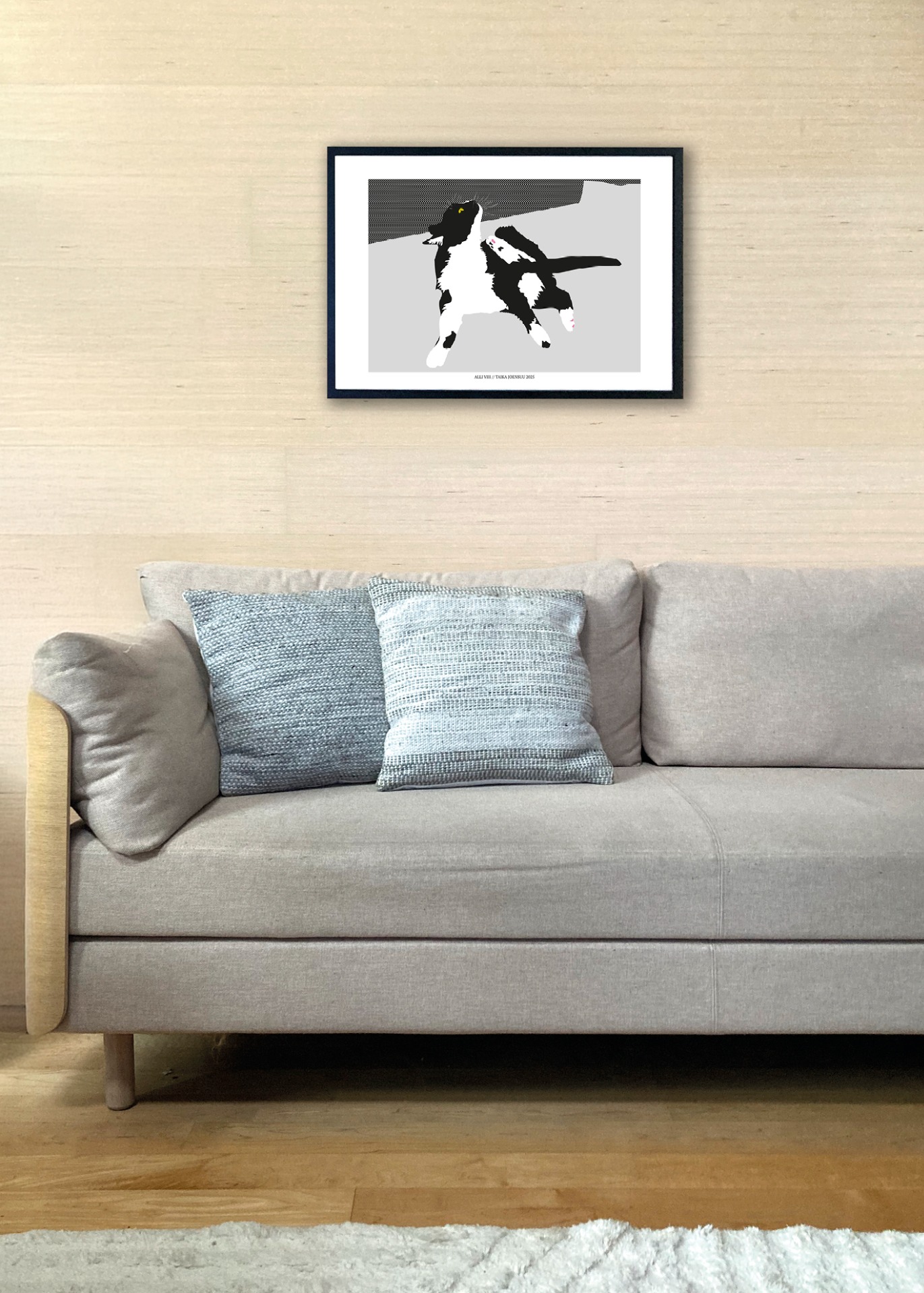 Kissan hetkiä-juliste Alli VIII 70x50cm seinällä. Juliste myydään ilman kehystä.