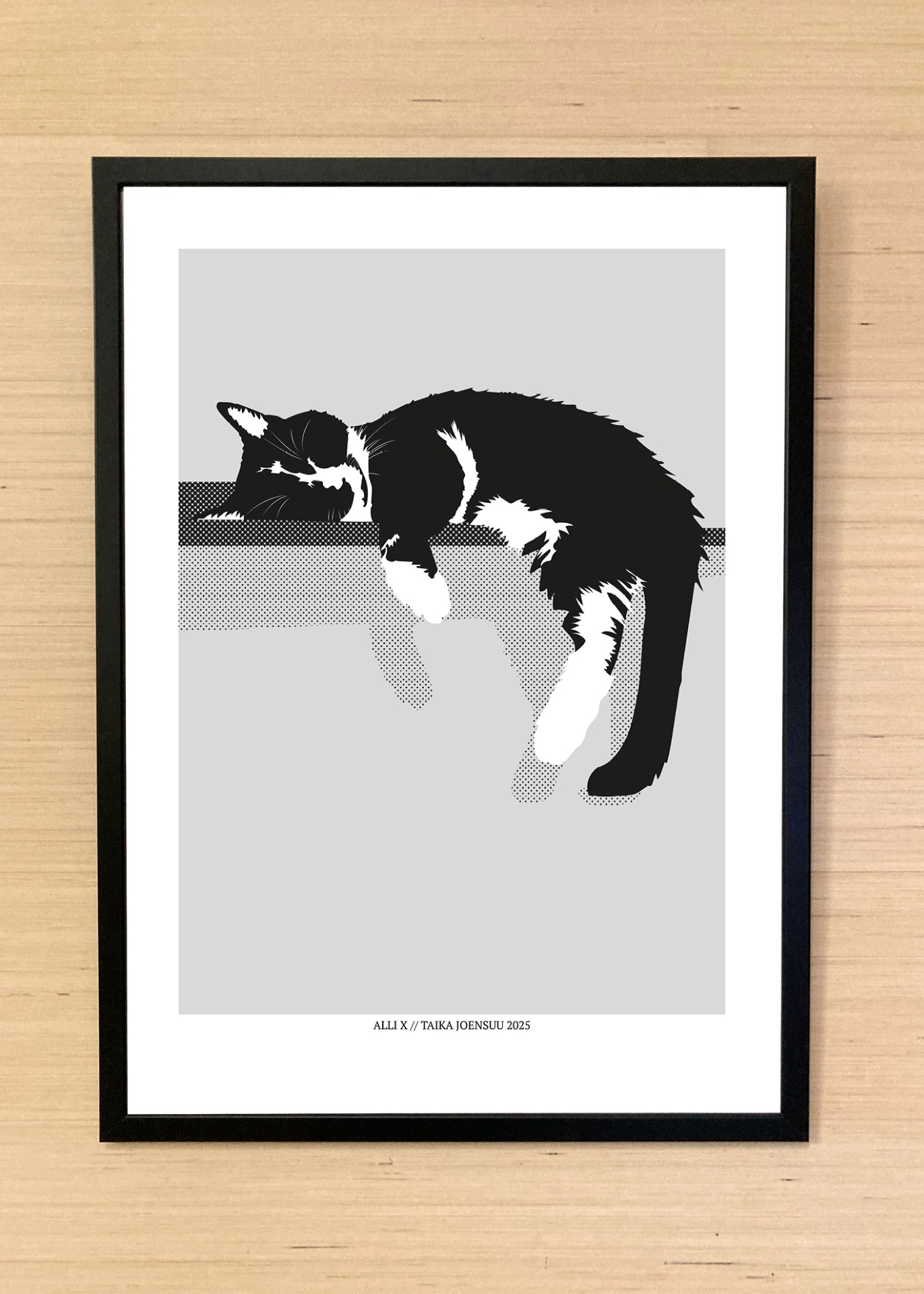 Kissan hetkiä-juliste, jossa mustavalkoinen kissa lepää hyllyllä.