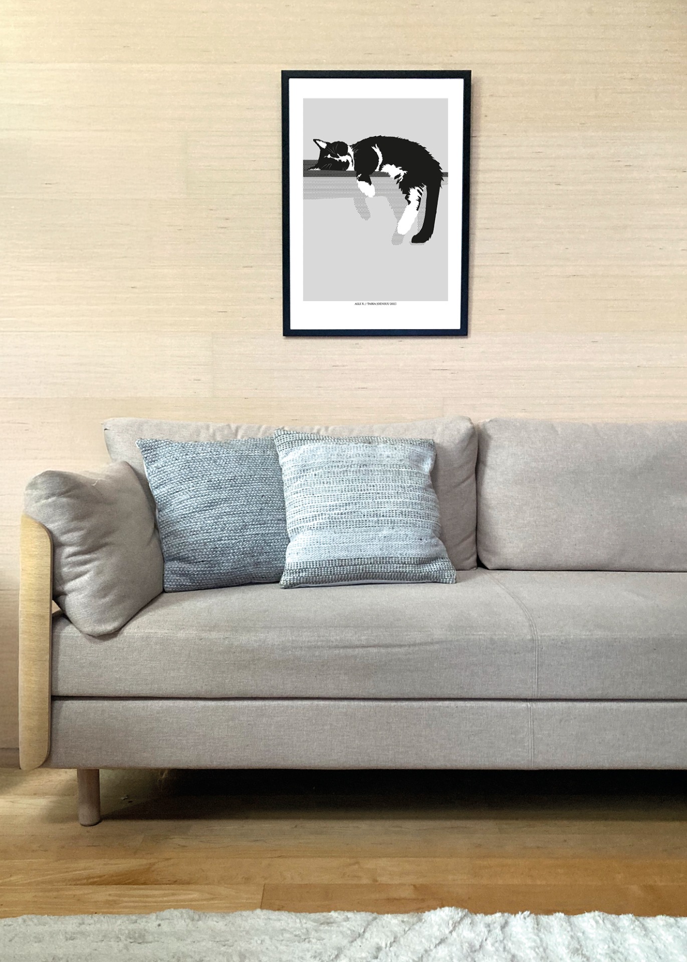 Kissan hetkiä-juliste Alli X 50x70cm seinällä. Juliste myydään ilman kehystä.