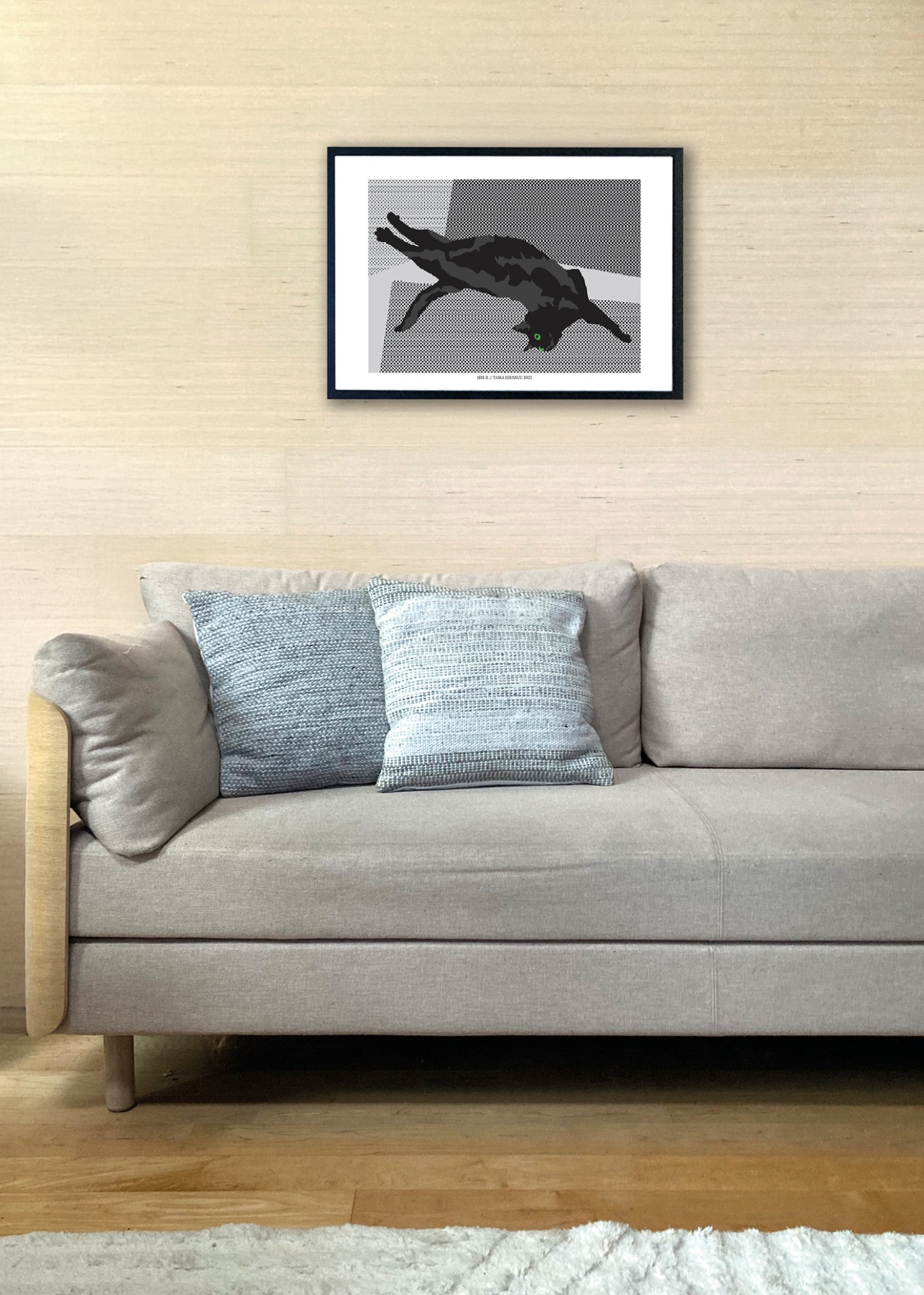 Kissan hetkiä-juliste Ibis I 70x50cm seinällä. Juliste myydään ilman kehystä.
