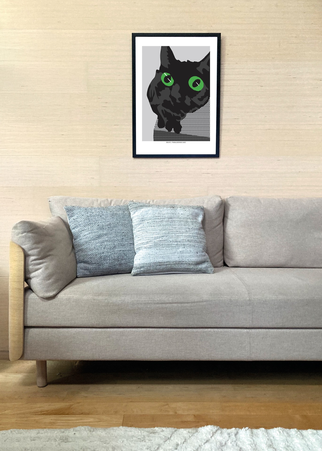 Kissan hetkiä-juliste Ibis IV 50x70cm seinällä. Juliste myydään ilman kehystä.