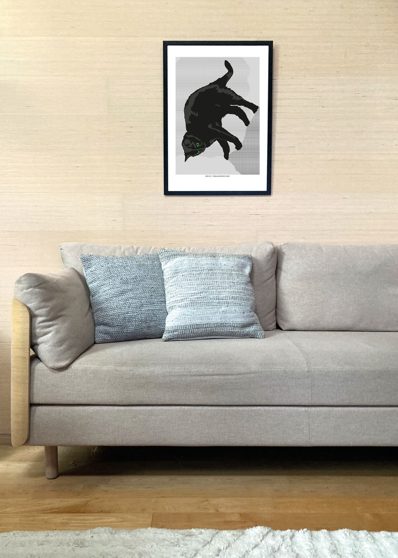 Kissan hetkiä-juliste Ibis VI 50x70cm seinällä. Juliste myydään ilman kehystä.